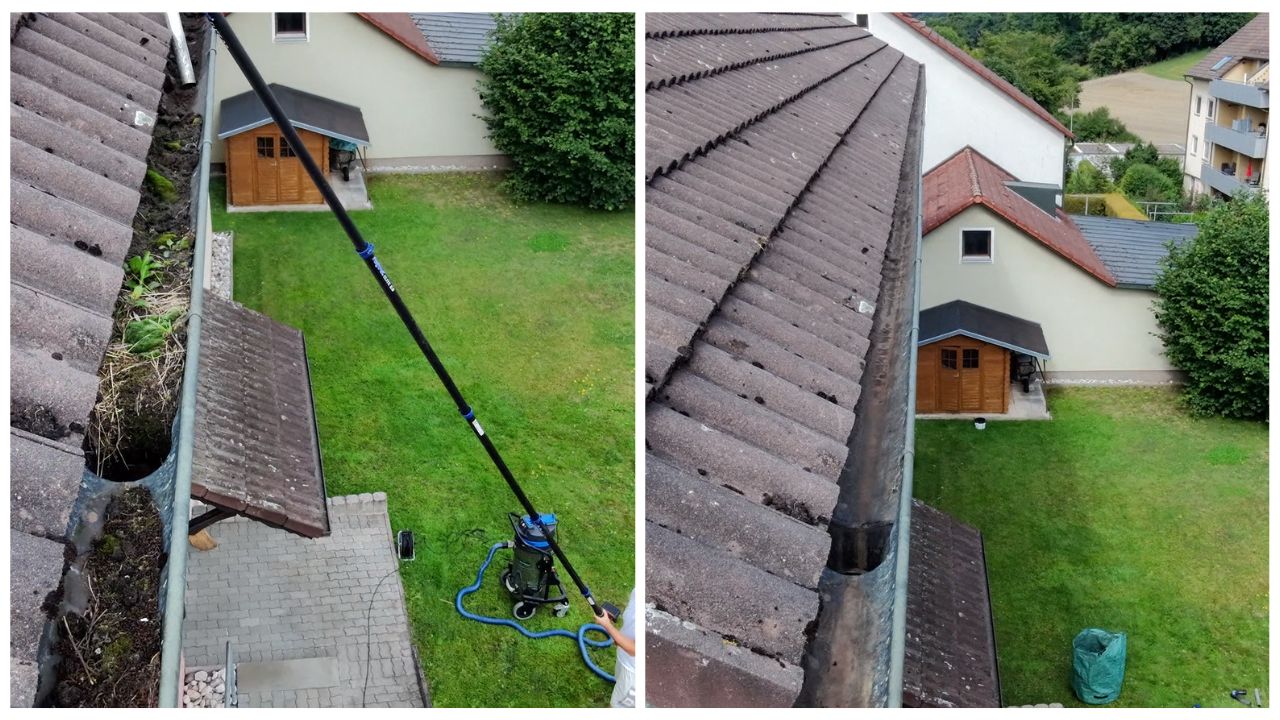 Dachrinnenreinigung in Nürnberg – Vorher-Nachher-Vergleich einer gereinigten Dachrinne